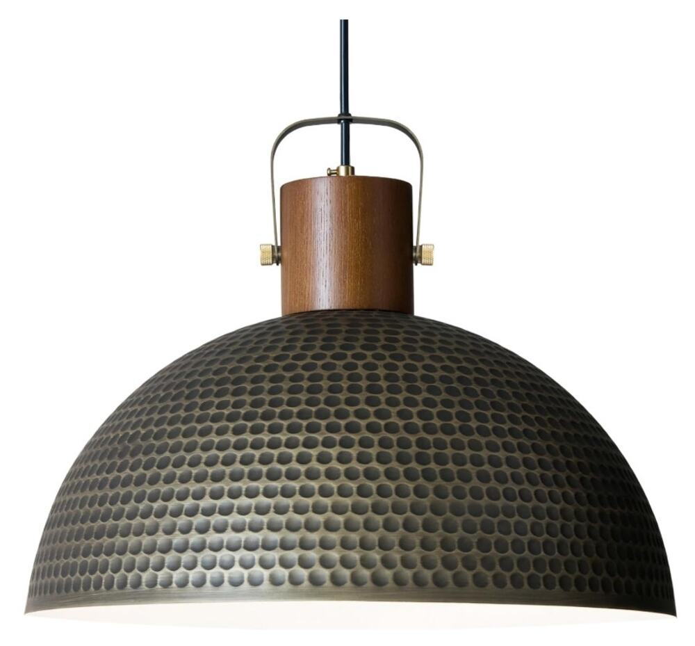 Vintage 15.7" Hammered Metal Wood Dome Pendant Light Gold New Open Box